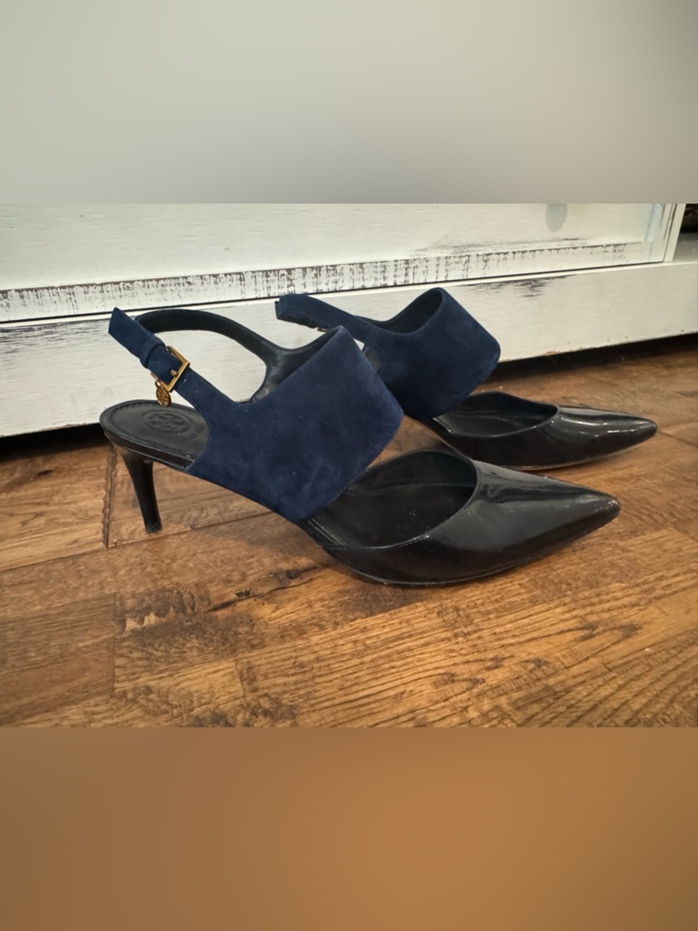 Tory Burch Ashton Slingback Heels Navy Suede Patent Leather Women's Size 9